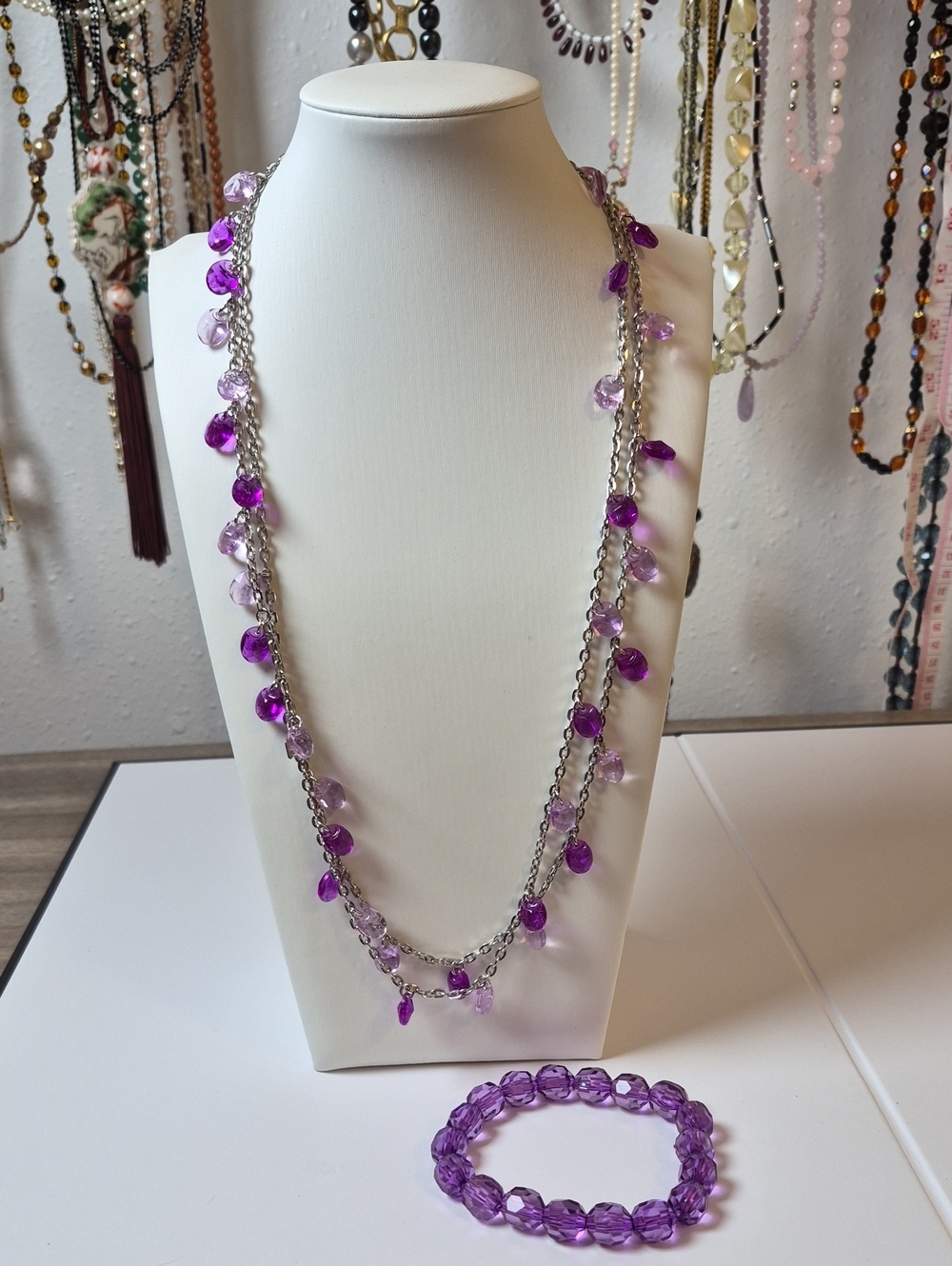 80s Silver Tone Necklace With Purple Charms And Bracelet